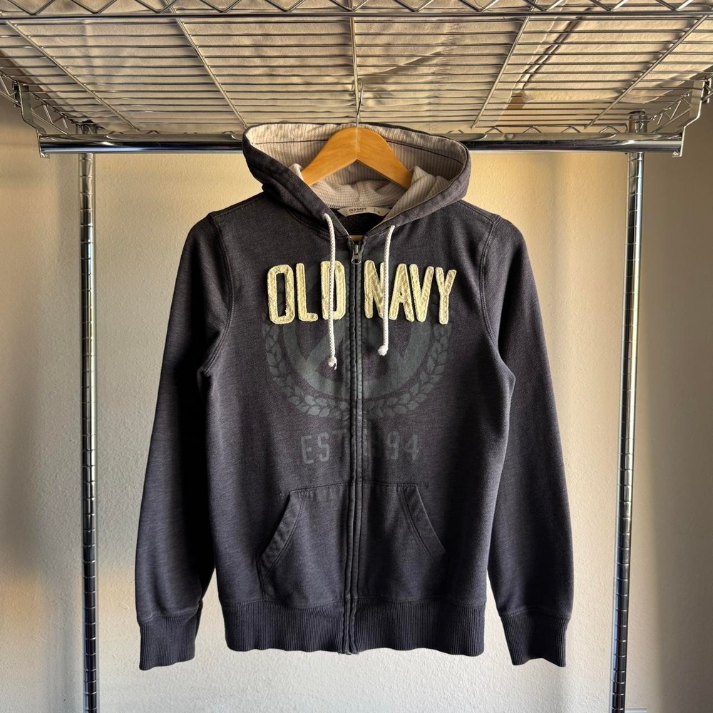 Vintage Old Navy Full Zip Hoodie Faded Grey Chenille Patch Varsity Crest Medium